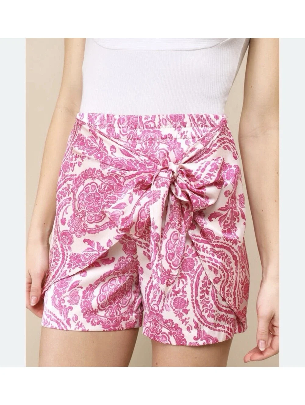 Lulus Satin Ivory Magenta Satin High-Waisted Boho Print Tie-Front Shorts X-Small